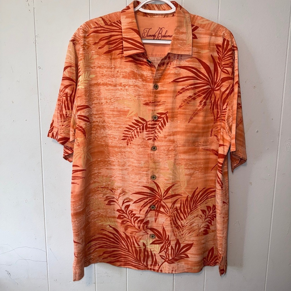 Tommy Bahama Mens Orange Silk Tropical Palm Leaf Print Camp Shirt Large T32873